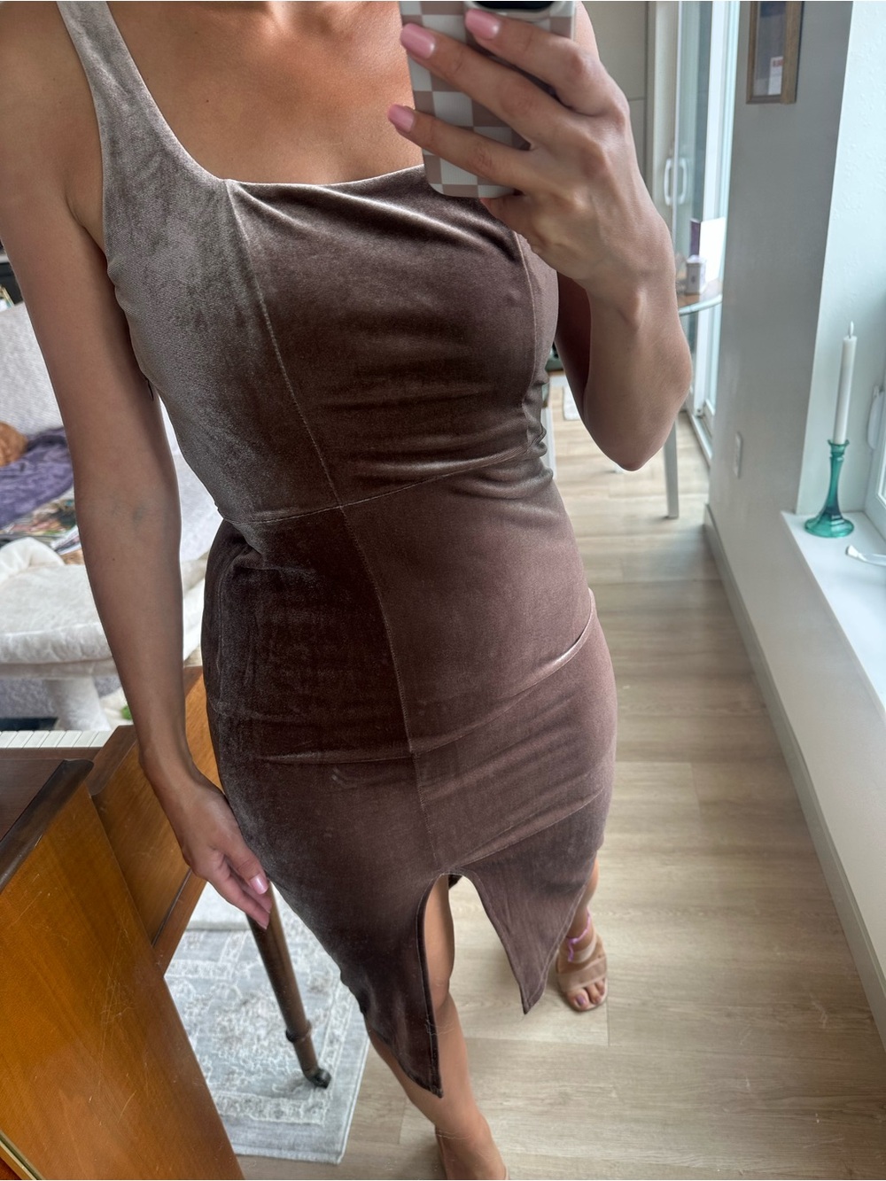 Velvet Brown Tank Midi Dress with Front Slit